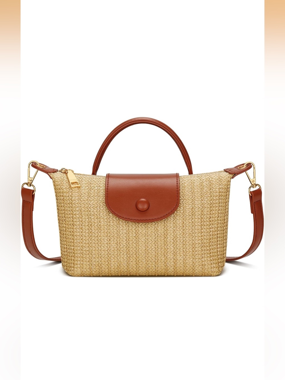 NWT Woven Straw Crossbody Tote with Cognac Brown Trim